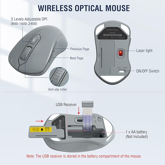 Wireless Keyboard and Mouse Combo, EDJO 2.4G Full-Sized Ergonomic Computer Keyboard with Wrist Rest and 3 Level DPI Adjustable Wireless Mouse for Windows, Mac OS Desktop/Laptop/PC(Grey)