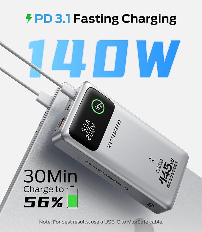 MOVE SPEED 145W Laptop Power Bank, PD 3.1 25,000mAh Fast Charging Portable Charger with 240W Type C Cable, USB C 3-Port with Digital Display Travel Outdoor Charger for iPhone, Dell, MacBook, Galaxy