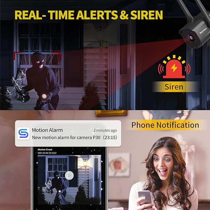 Septekon Security Camera Outdoor 2 Pack, 2.4G Wired WiFi Cameras for Home Security, 2K Surveillance Cameras with Motion Detection and Siren, 2-Way Audio, Night Vision, IP66 Waterproof, Black