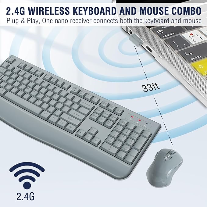Wireless Keyboard and Mouse Combo, EDJO 2.4G Full-Sized Ergonomic Computer Keyboard with Wrist Rest and 3 Level DPI Adjustable Wireless Mouse for Windows, Mac OS Desktop/Laptop/PC(Grey)