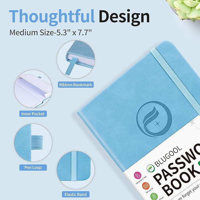 Password Book with Alphabetical Tabs, Password Keeper Book for Seniors, Hardcover Password Notebook for Individual & Colorful Tabs, Password Organizer for Website Logins, 5.3" x 7.7", Blue