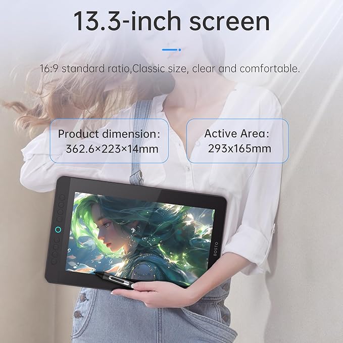 BISOFICE BT-13HDK Portable Graphics Drawing Tablet 13.3 Inch H-IPS LED Display Anti-Glare Digital Drawing Pad 16K Pressure Level Battery-Free Stylus Passive Technology 8 Customizable Shortcuts Keys