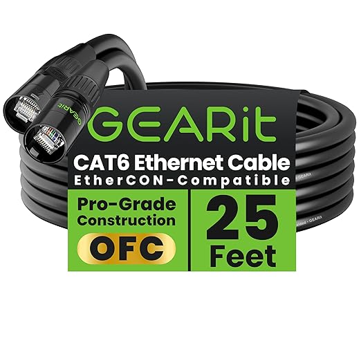 GEARit Shielded CAT6 Ethercon Cable (25 Feet) Professional Audio & Lighting RJ45 EtherCON-Compatible Cable for Studio, Stage, Concerts - 25ft Black
