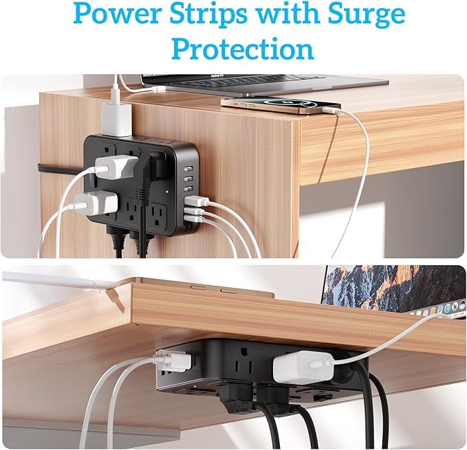 Flat Plug Power Strip Surge Protector 5 Ft Extension Cord with 12 AC Outlets 6 USB Ports 3 Side Multi Plug Outlet Extender Home Office Kitchen Dorm Room Wall Desk Charging Station ETL Listed