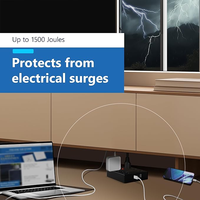 LIDER Outlet Extender with 6 Receptacles, USB-A and 2 USB-C, Ultra-Thin Flat-Plug with Cord Extender, 6-Outlet Power Strip, Slim Angled Design, Surge Protector, 1500 Joules, 5ft Cord, UL-Listed, Black