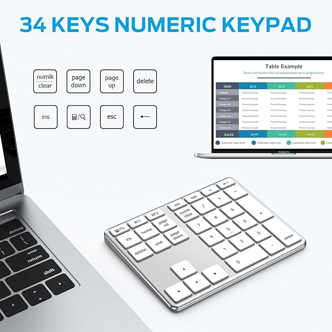 iClever KP10 Bluetooth Number Pad, Dual Device Connection, 34 Keys Ultra-Slim for Mac/Windows/iPad, USB-C Rechargeable, Quiet Keys, Excel Accounting Numpad with Long Battery Life