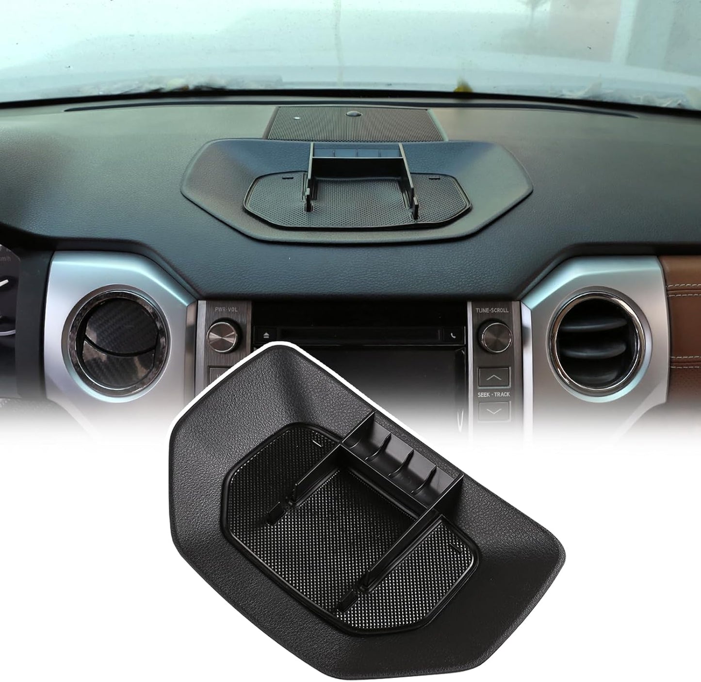 LLKUANG Black ABS Car Center Console Dash Table Storage Tray Fit for Toyota Tundra 2014-2021 Instrument Organizer Phone Holder Cradle Accessories (Without Mobile Phone Holder)