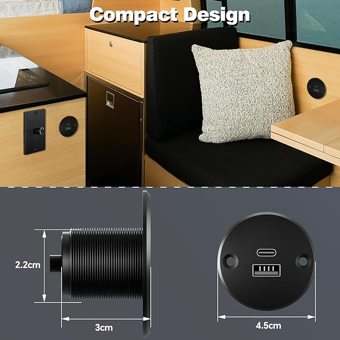 Acegoo RV USB Outlet All-Aluminum Type A + Type C Ports 12V/24V USB Charger, Recessed Mount 24W High-Speed Charging Socket, PD3.0 & QC3.0 Fast Charger for Camper Trailer Van Car Boat Golf Cart