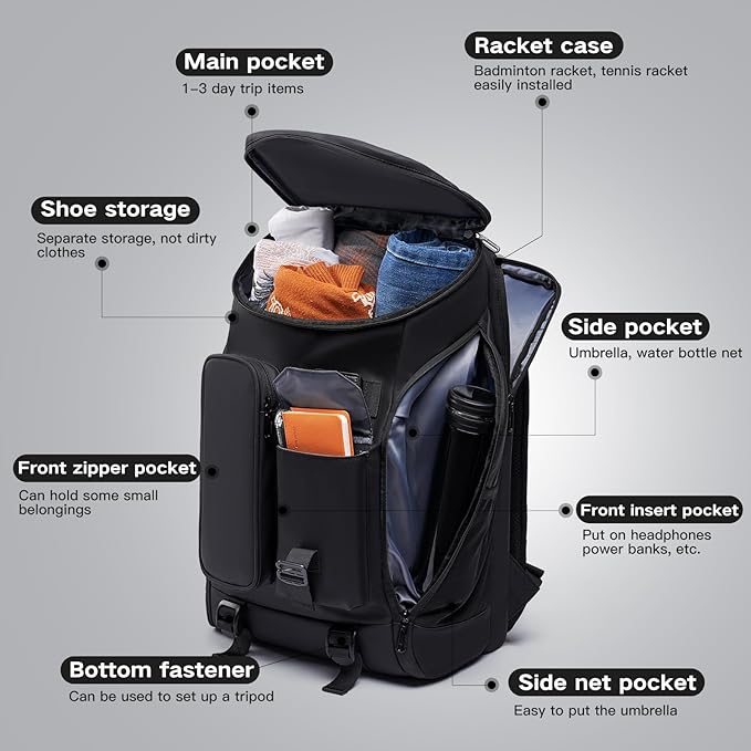 Carry on Travel Backpack for Men Women,30L Multi-Pocket 17.3inch Laptop Backpack, Sports Gym Tennis Badminton Backpack with Shoe Compartment-Black