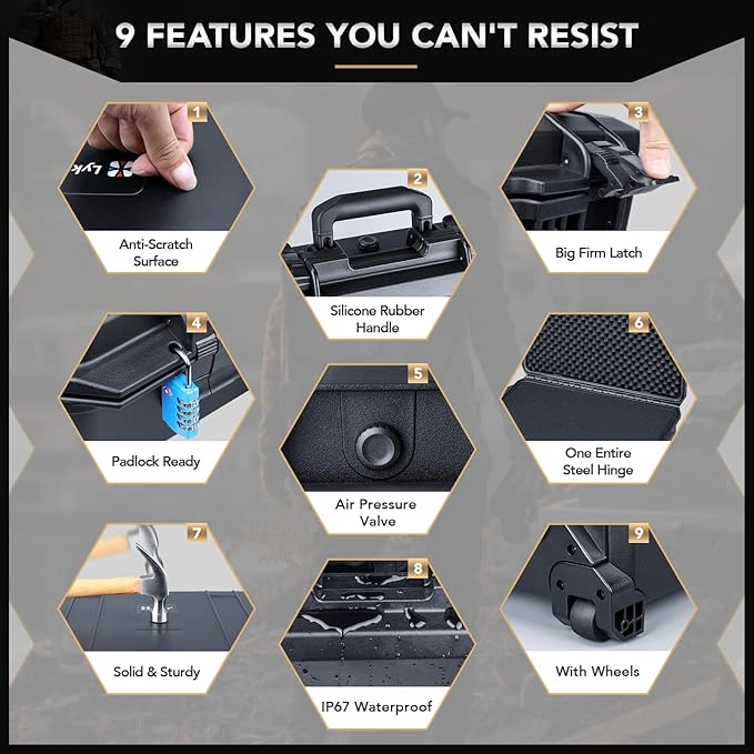 Lykus HC-5220 Waterproof Hard Case with Wheels and Customizable Foam, Interior Size 20.5x14.2x9.7 inch, Suitable for camera, lens, drone, mic, flashlight, projector, electronics, tools, and more