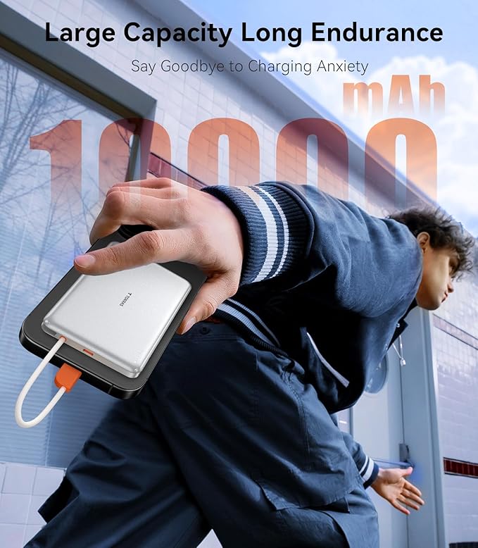TORRAS Power Bank with Built-in USB-C Cable, Ultra-Slim 10,000mAh Portable Charger USB C, 22.5W Fast Charging Battery Pack for iPhone 17/16/15 Series, Phone air, Galaxy, Pixel, White (No-Wireless)