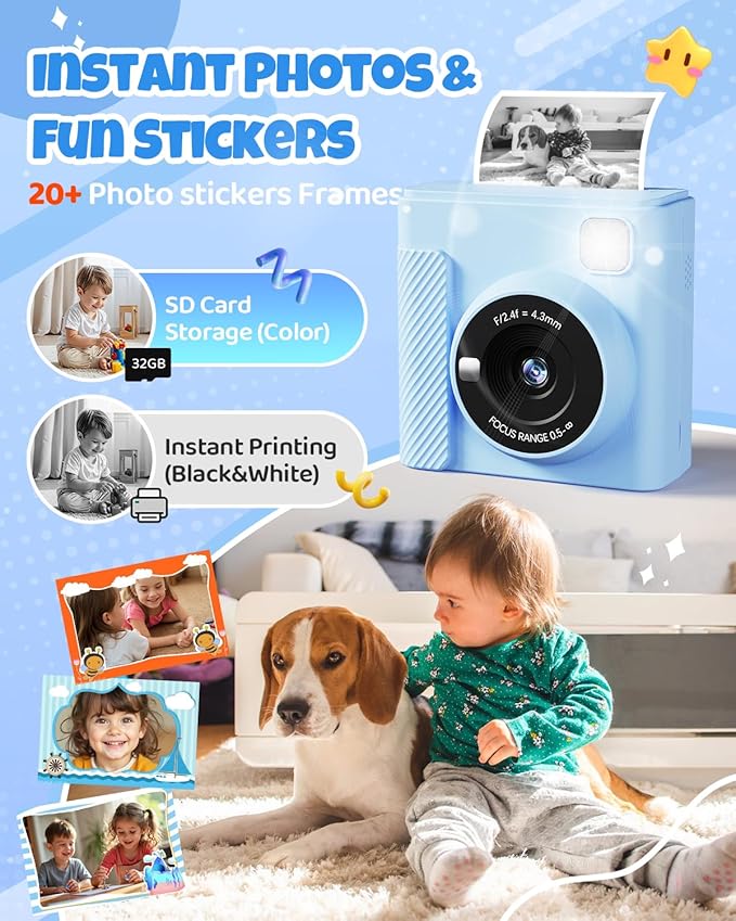 Kids Instant Print Camera, Christmas Birthday Gifts for Girls and Boys, 1080P HD Video Digital Kids Camera with Print Paper & 32G Card, Toddler Toy for 3-14 Years Old (Blue)