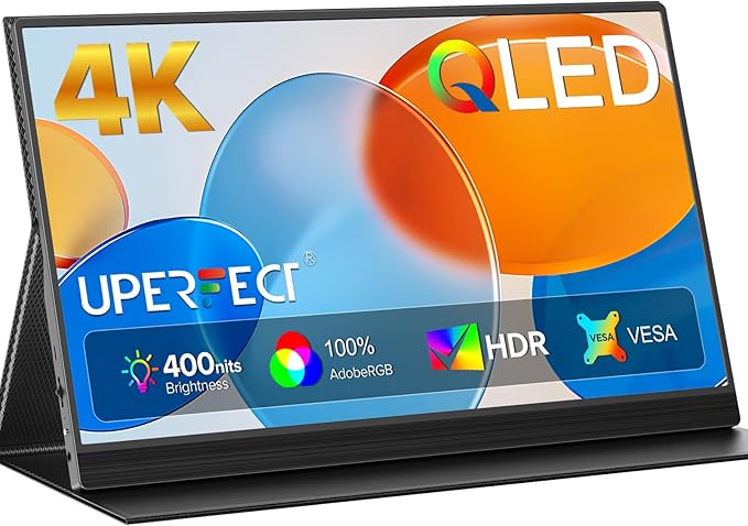 UPERFECT Portable Monitor 4K 15.6" QLED| 400 Nits Laptop Monitor | 3840 * 2160 UHD 100% AdobeRGB | 1MS FreeSync | USB-C & HDMI | VESA & Kickstand | Travel Second Screen for Computer, Game Consoles