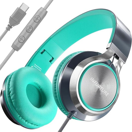 INFURTURE USB C Headphones Wired with Mic & Volume Control,Tangle-Free Plaiting Line,Type C Over/On-Ear Headphones,Lightweight Foldable for Smartphone,Tablet,iPhone 16/15 Series (Green)