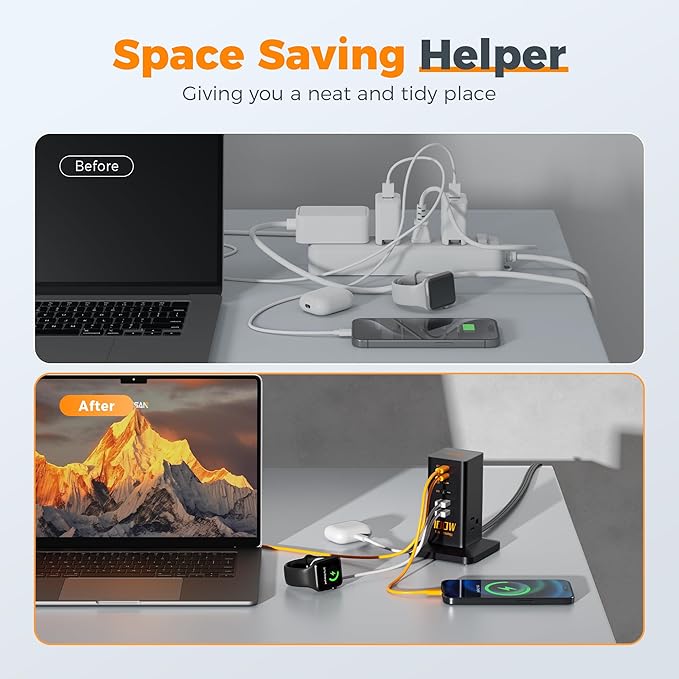 Charging Station PD 100W, TESSAN 9-in-1 USB C Power Strip for iPhone 16/15, MacBook, Tablet, Desktop Phone Fast Charger with 3 AC, 3 USB-A Ports, Home Drom Office Accessories