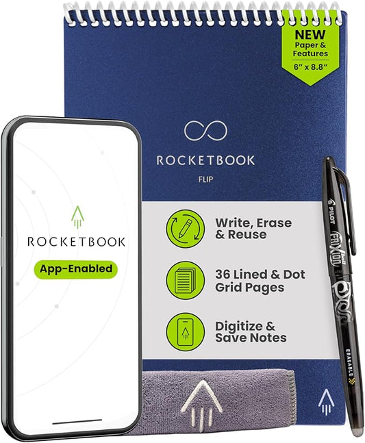 Rocketbook Flip Reusable Smart Notepad, Top Bound Spiral Notebook Lined and Dotted Pages Executive Size 6x8.8, Premium, Navy Blue (Pack of 1)