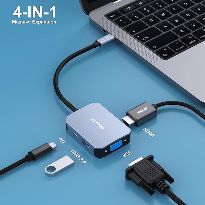 BENFEI USB C HUB 4-in-1, USB Type-C to HDMI VGA Adapter, USB C to USB Adapter, USB Type-C Power Delivery, Compatible with iPhone 15 Pro/Max, MacBook Pro/Air 2023, iPad Pro, iMac, S23, XPS 17