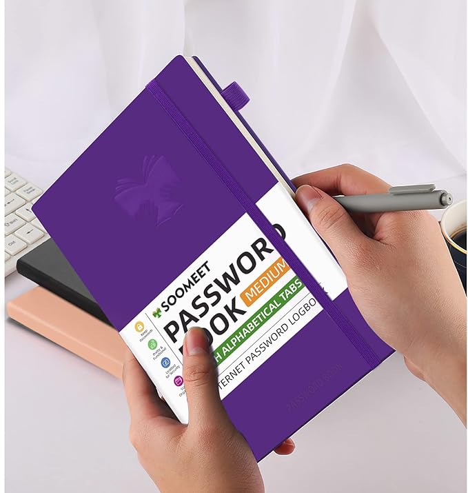 Password Book with Alphabetical Tabs, Hardcover Password Keeper, A5 Size 8.3"x6" Password Notebook for Saving Internet Login, Username, Password Organizer for Computer & Website Logins, Pruple