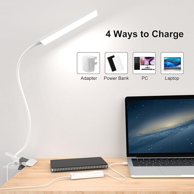 Vansuny Clip on Light LED Desk Lamp with Eye-Caring LED Metal Clip, 11 Level Brightness 3 Color Modes, Power by USB Port 5W Flexible Gooseneck Reading Light for Home and Office (5W, White)