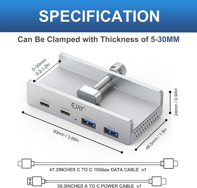 EJAY 4Ports 10Gbps USB-C HUB USB3.2 Clamp USB HUB Splitter,Mountable USB-C Adapter with Data & Power Cable for iMac 2021 and later-10Gbps(JK-2A2C-SV)