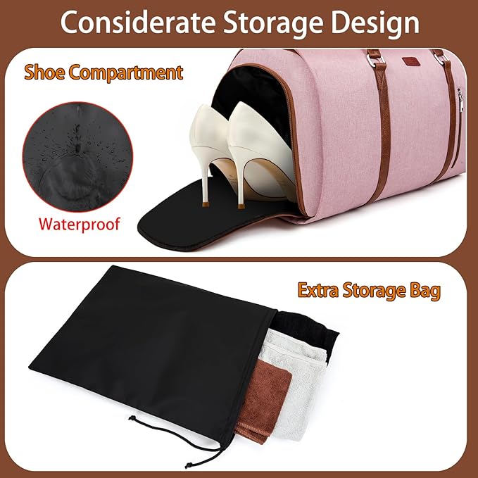4pcs Convertible Garment Duffel Bag for Travel - 50L 2-in-1 Carry On Weekender Overnight Bag with Toiletry Bag, Fits Suits & Dresses, Trolley Sleeve, Hanging Suit Compartment, Waterproof Shoe Pocket