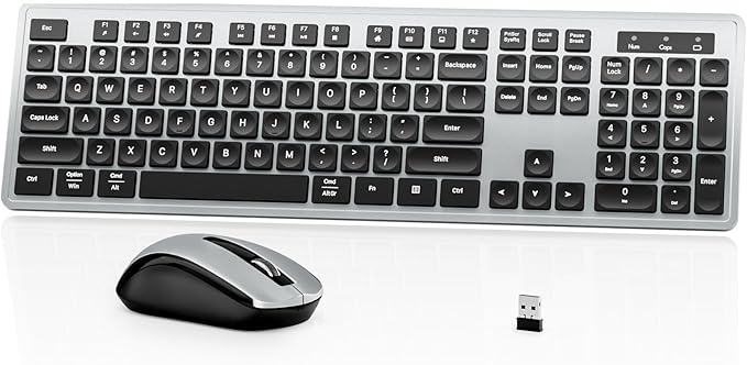 Wireless Keyboard Mouse Combo - 2.4Ghz Office Quiet Keyboard and Mouse Wireless - 104 Keys Full Size Ergonomic Keyboard for Laptop, Computer, PC, Notebook (Full Size Grey Black)