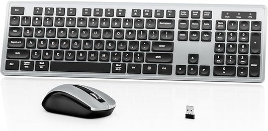 Wireless Keyboard Mouse Combo - 2.4Ghz Office Quiet Keyboard and Mouse Wireless - 104 Keys Full Size Ergonomic Keyboard for Laptop, Computer, PC, Notebook (Full Size Grey Black)