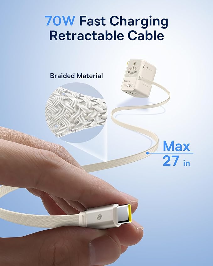Baseus 70W Universal Travel Adapter with Retractable Cable, 6-in-1 International Plug Adapter, USB-C PD Fast Charging Worldwide Wall Charger for USA/EU/UK/AUS and Over 200 Countries (Off-White)