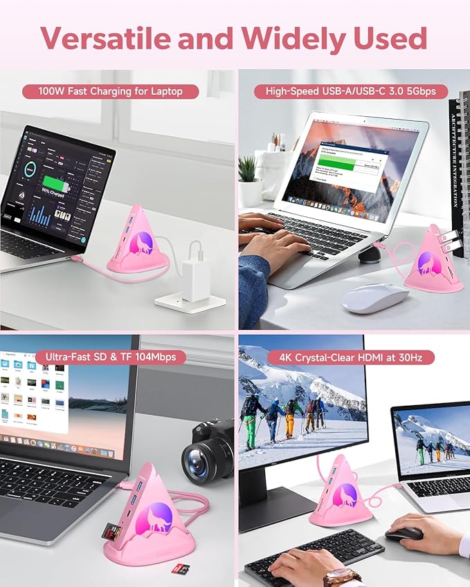 Wolf USB C Hub, Pink 8-in-1 Type C Multiport Adapter with 4K@30Hz HDMI, 100W PD, 5Gbps 1xUSB-C, 3xUSB-A 3.0, SD/TF Slots, Base-Stand, RGB MacBook Adapter for MacBook Air/Pro, iPad, iMac, Surface, XPS
