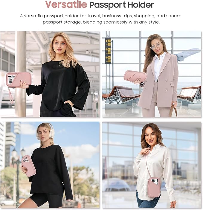 Travel Passport Wallets, Airtag Lightweight Family Passport Holder With RFID Blocking Passport Cover Case Waterproof Bag Document Organizer for Men and Women-pink