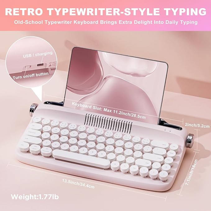 YUNZII Upgraded Wireless Typewriter Keyboard, Retro Aesthetic with Integrated Stand,Cute Round Keycaps, USB-C/Bluetooth Connection for Table, Phone, PC and Win/Mac/Android (B307, Baby Pink)