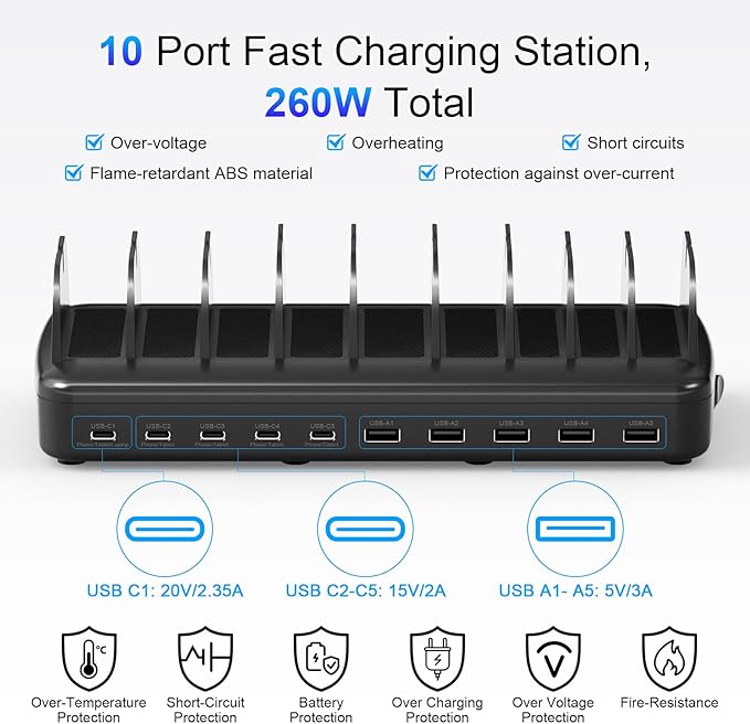 260W Cell Phone Charging Station for Multiple Devices, 10-Port USB C Fast Charger Hub for MacBook, iPhone, Android, iPad, Tablet, Kindle, Family Multi-Device Organizer Charging Dock, White (Black)