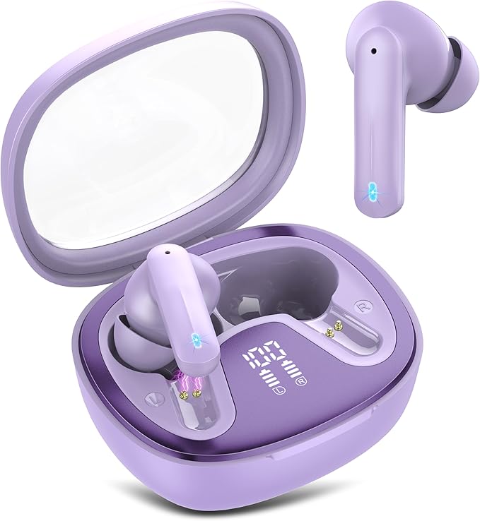 Wireless Earbuds, Bluetooth 5.4 Headphones, HiFi Stereo Bass Ear Buds, in Ear Earbuds with 4 ENC Noise Cancelling Mic, 45H, LED Display, IP7 Waterproof, Earphones for Phone Android/iOS Sports, Purple