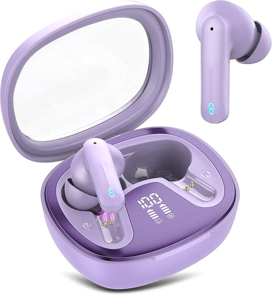 Wireless Earbuds, Bluetooth 5.4 Headphones, HiFi Stereo Bass Ear Buds, in Ear Earbuds with 4 ENC Noise Cancelling Mic, 45H, LED Display, IP7 Waterproof, Earphones for Phone Android/iOS Sports, Purple