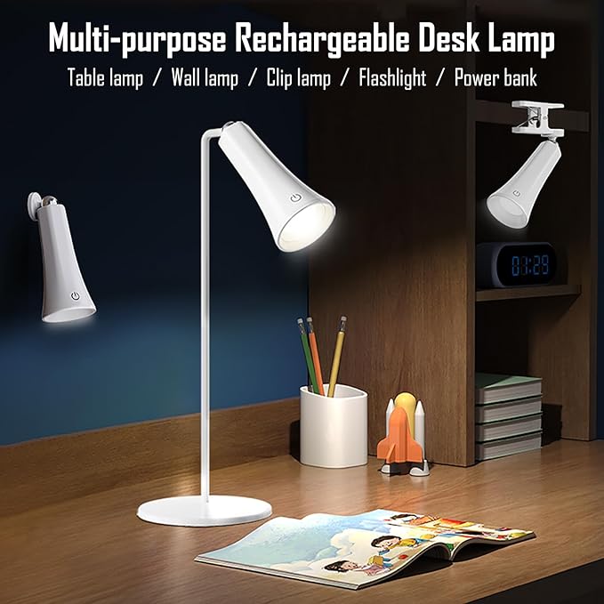 5 Modes Rechargeable LED Lamp with Magnet Swivel Joint, Touch Control, Adjustable Brightness, Color, 360° Angle, Can Become Desk Lamp, Clip Lamp, Wall Lamp, Flashlight, Portable Charger (White)
