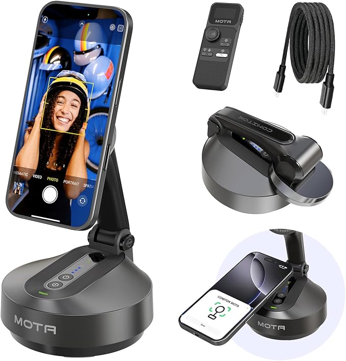 MOTA Tripod Stand Only for iPhone, 360 Degree Auto Tracking Stand for iPhone Support Native Camera and All Apps, 2 Axis Foldable Phone Holder for Video Recording with Remote Control for Desk
