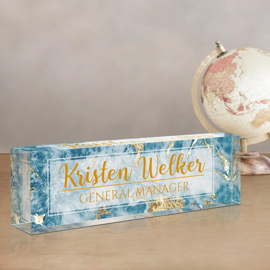 Gowellly Desk Name Plate Personalized - Custom Acrylic Name Plate for Desk - Enterprise Custom Logo/Text nameplates - Employee Appreciation Gifts (Blue Marble)