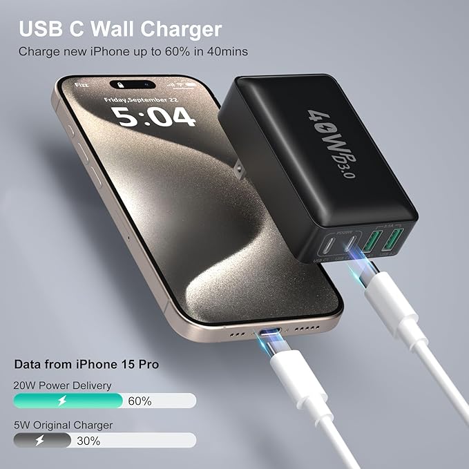 USB C Wall Charger 40W, Excgood 4-Port Flat USB C Charging Block Dual PD+QC Slim Fast Foldable Wall Plug Travel Compatible for iPhone 16 15 Pro Max 14 13 iPad Watch Galaxy S24 Pixel,2Pack Black White