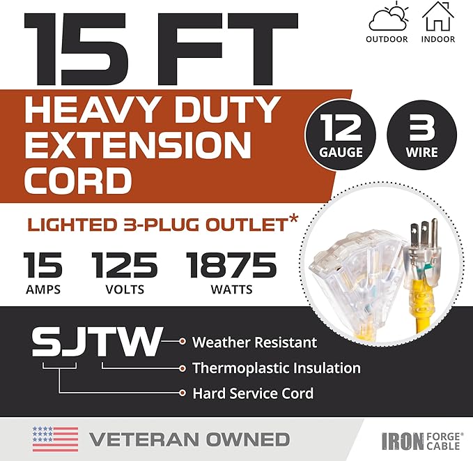 IRON FORGE CABLE 15 Foot Lighted Outdoor Extension Cord with 3 Electrical Power Outlets - 12/3 SJTW Heavy Duty Yellow Extension Cable with 3 Prong Grounded Plug for Safety