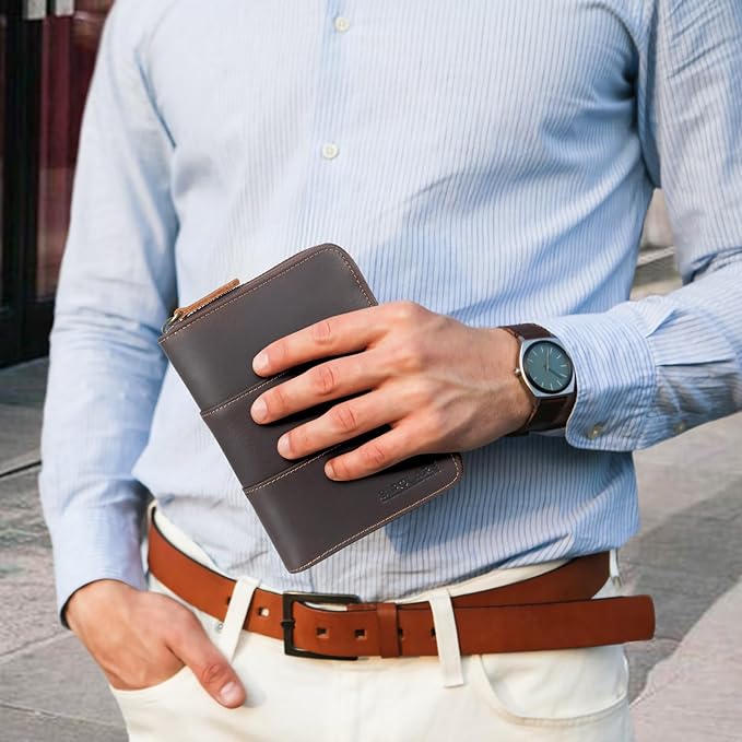 Polare Full Grain Leather Travel Passport Wallet with YKK Zipper and RFID Blocking Document Organizer Holder 2 Passports (Dark Brown with AirTag Slot)