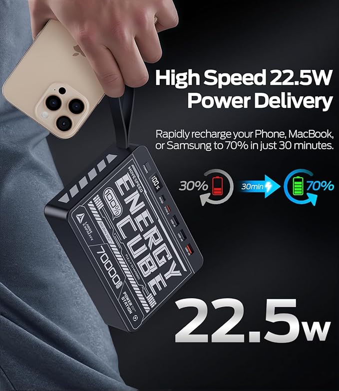 MOVE SPEED 70000mAh Power Bank for Camping, 22.5W Max PD 3.0 Fast Charging External Portable Charger, 4 Outputs 2 Inputs High Capacity USB C Battery Pack with LED Display for Phone Tablet Outdoor