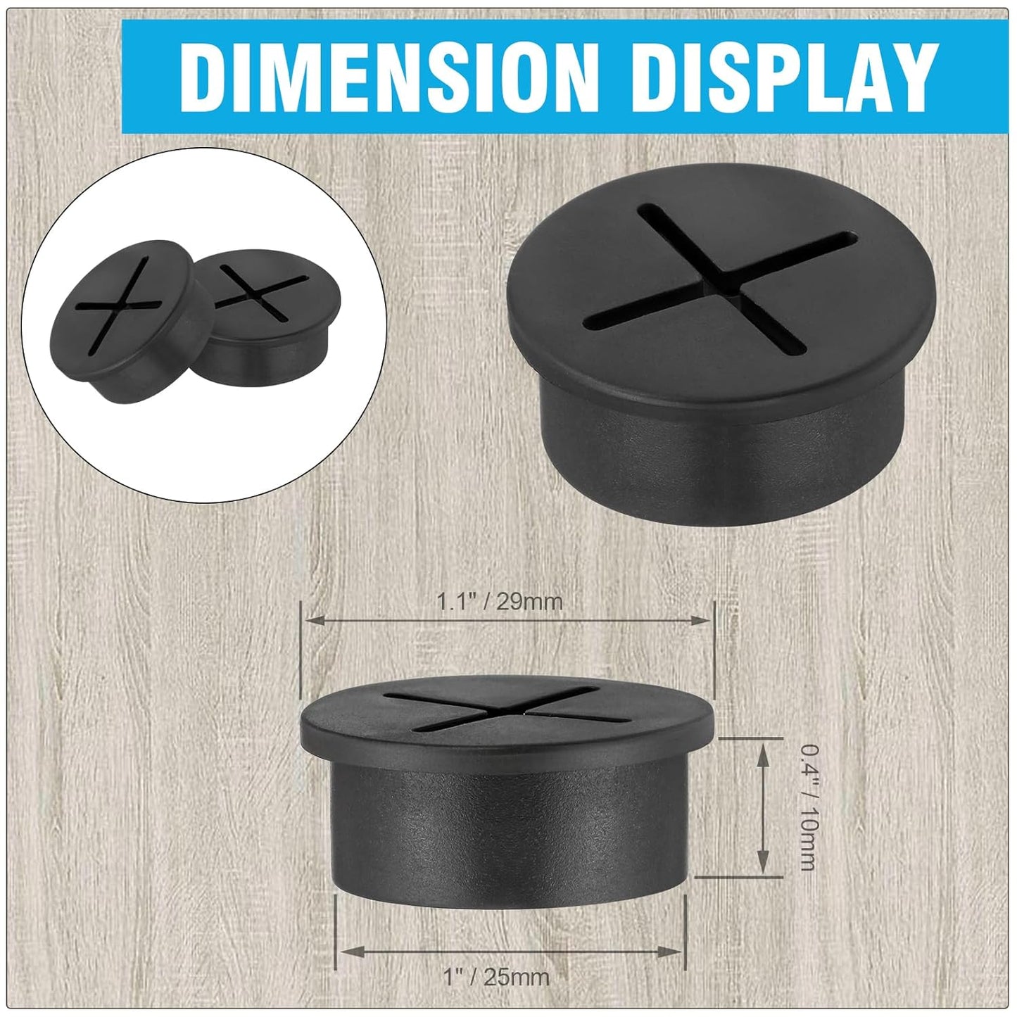 1" Black Desk Grommet, JTemgle Flexible Cable Grommet Cross Rubber Cable Hole Cover Wire Organizer Caps Desktop Cord Management for Home Office TV Stands Tabletops, 10 Pieces
