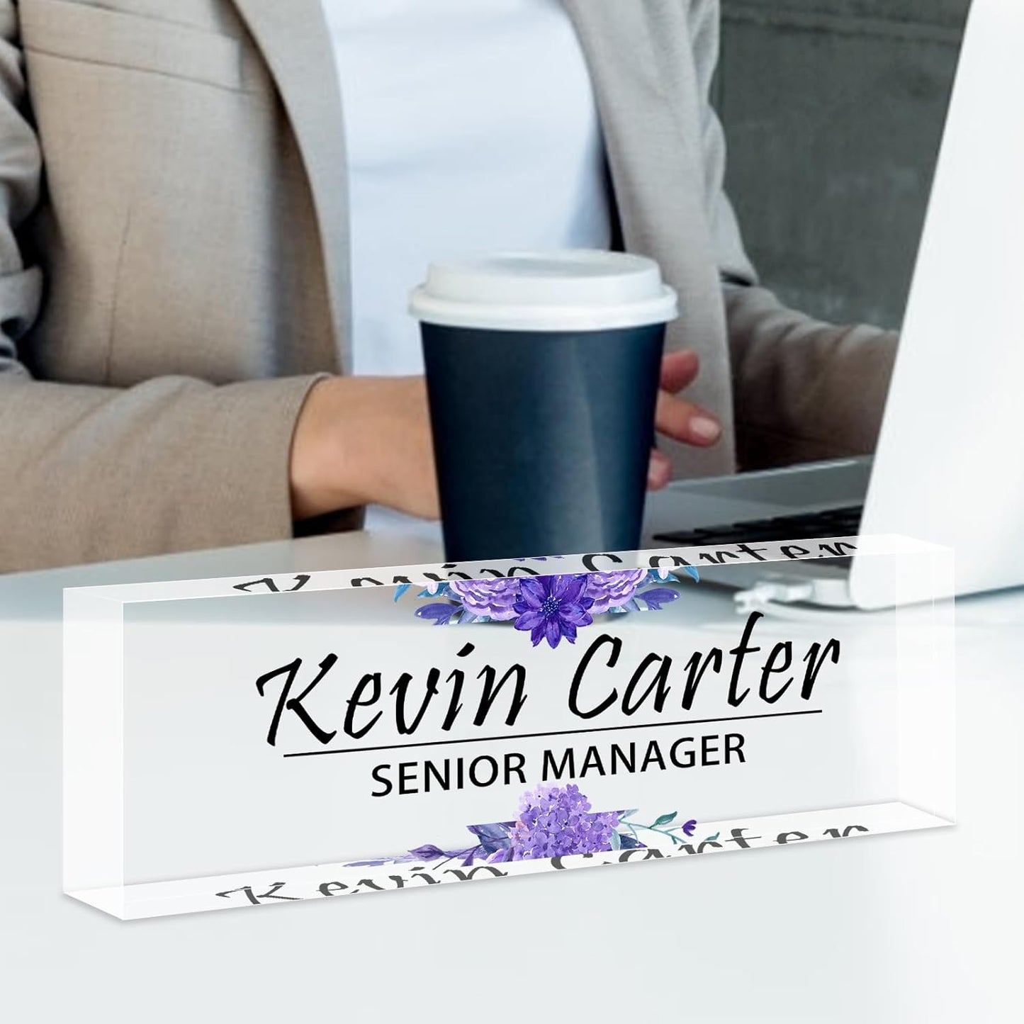 Name Plate for Desk Personalized, Acrylic Desk Decorations, Employee Appreciation Gifts, Custom Office Gifts for Coworkers, Boss, Teacher, Nurse (Purple Flowers)