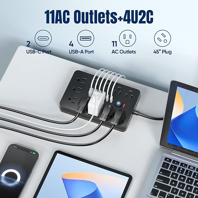 6 FT Flat Plug Surge Protector Power Strip,11 Multiple AC Outlets with 6 USB Ports (2 USB C), 6 Feet Extension Cord, 1250W/10A, One Touch Switch Button, 17 in 1 Compact powerstrip