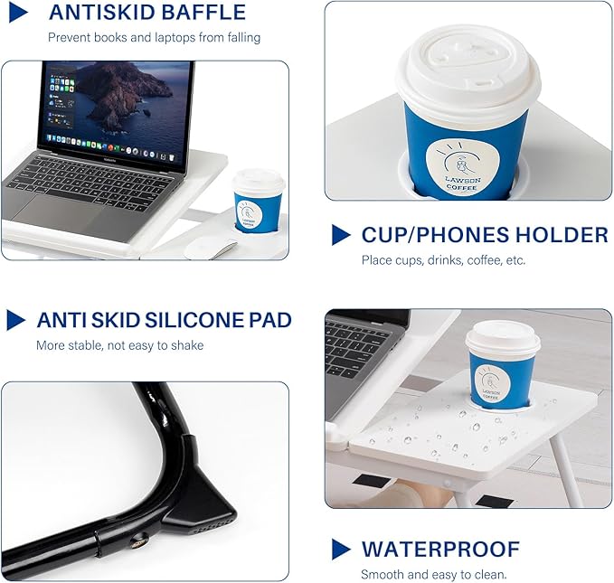 Laptop Desk for Bed Couch, Adjustable Foldable Bed Table with Cup Holder, Breakfast Serving Tray, Portable Laptop Lap Desk Stand for Working Reading Writing Eating Gaming in Bed Sofa Floor(White)