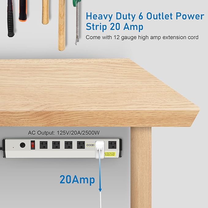 CCCEI Heavy Duty Power Strip Surge Protector 20 Amp, High Amp Industrial Shop Garage Metal Multiple Outlets, 10 FT 12 Gauge 5-15P Extension Cord 6 Outlet 6-20R T-Slot 20a for Appliance.