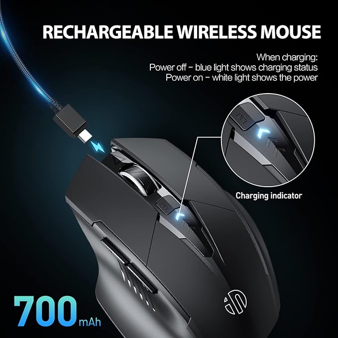 INPHIC Wireless Mouse Rechargeable, Battery Visible, 2400 DPI, 6 Buttons, Ergonomic Large Mouse for Laptop, Computer, Mac, PC etc.