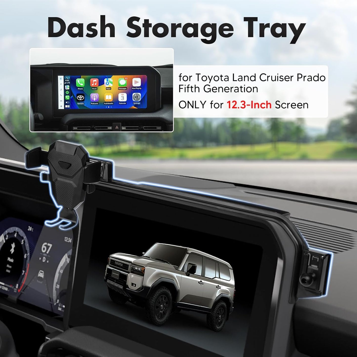 FIILINES Phone Holder for Toyota Land Cruiser 2024-2025 (Fit 12.3" Touch Screen), Phone Mount with Dash Organizer for Land Cruiser Accessories, 360 Degree Rotation Dash Mount Cell-Phone Holder