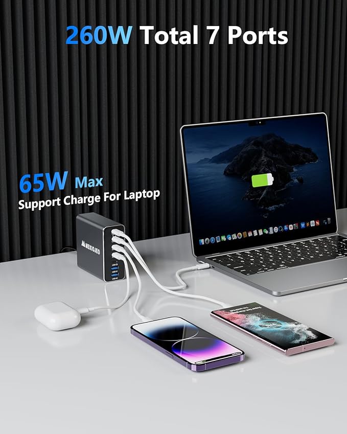 Aluminum Alloy 260W USB C Charger GaN Fast USB C Charging Station 7 Ports 65W Laptop Charger for MacBook Pro/Air/iPad Pro/iPhone (Gray)