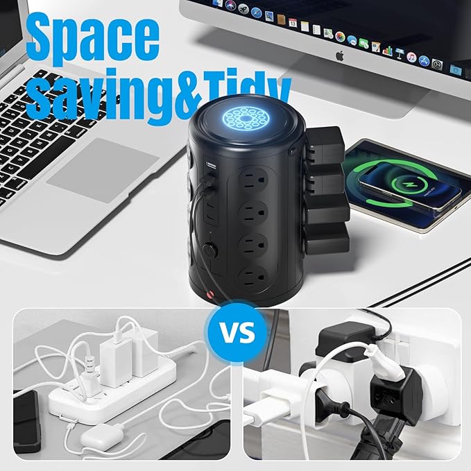 Power Strip Surge Protector Tower with 16 Outlets and 5 USB Ports (2 USB-C), 10ft Extension Cord, 45° Flat Plug, Charging Station for Home, Office, Dorm Room Essentials (Black)